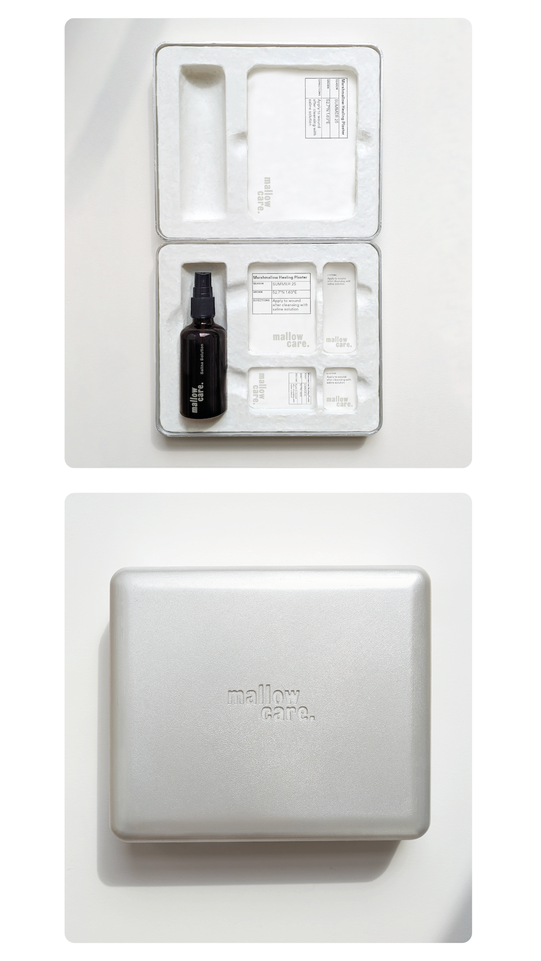 Mallowcare Packaging, aluminium case, moulded pulp inner, various sizes mallowcare plasters, mallowcare saline solution for cleaning wound Work by India Gabb